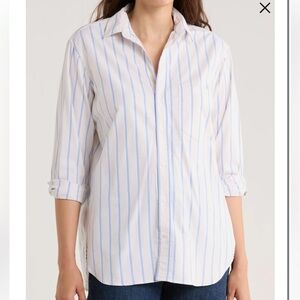 Frank & Eileen Joedy boyfriend cotton button up women cream Striped Shirt XL NWT